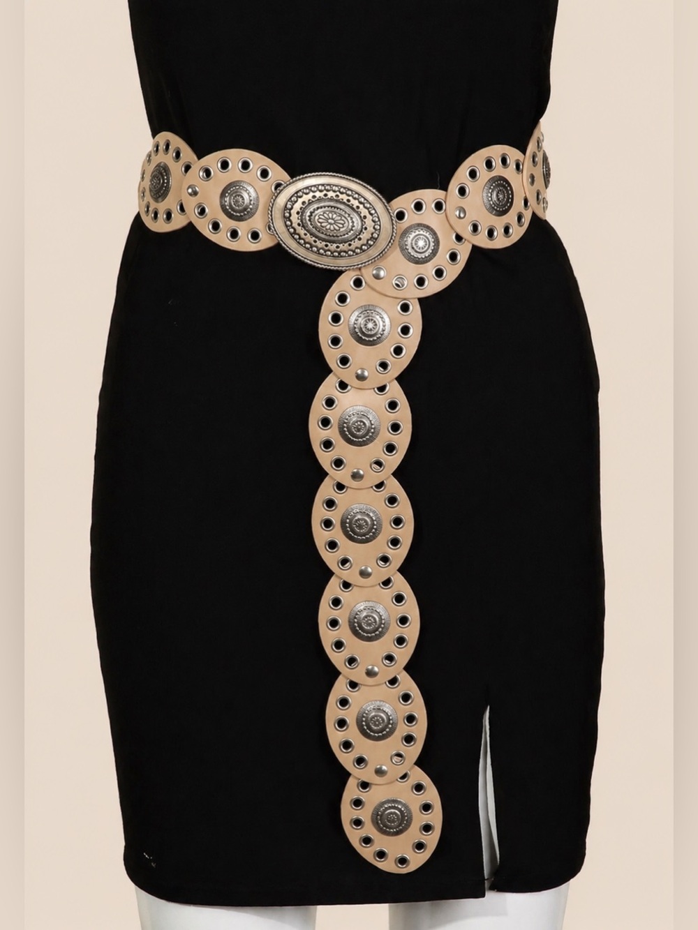 Boho Western Concho Disc Belt Tan Nude Silver Statement Waist Festival Style Y2K